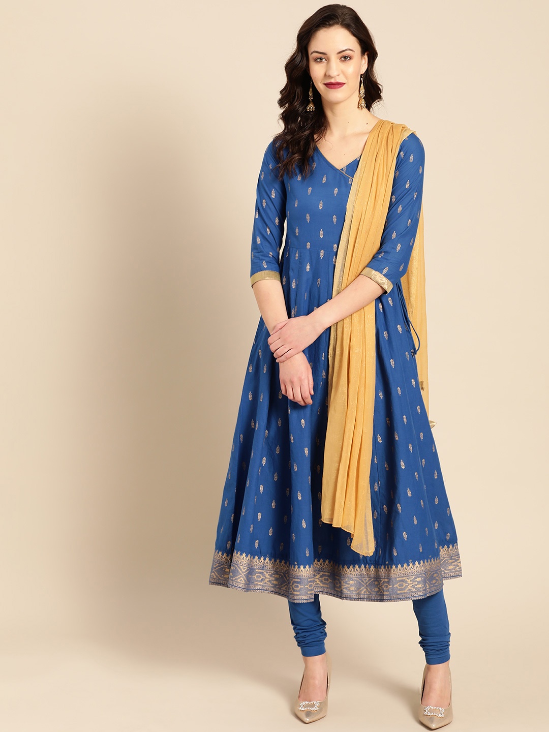 

IMARA Women Blue & Golden Printed Angrakha Kurta with Leggings & Dupatta