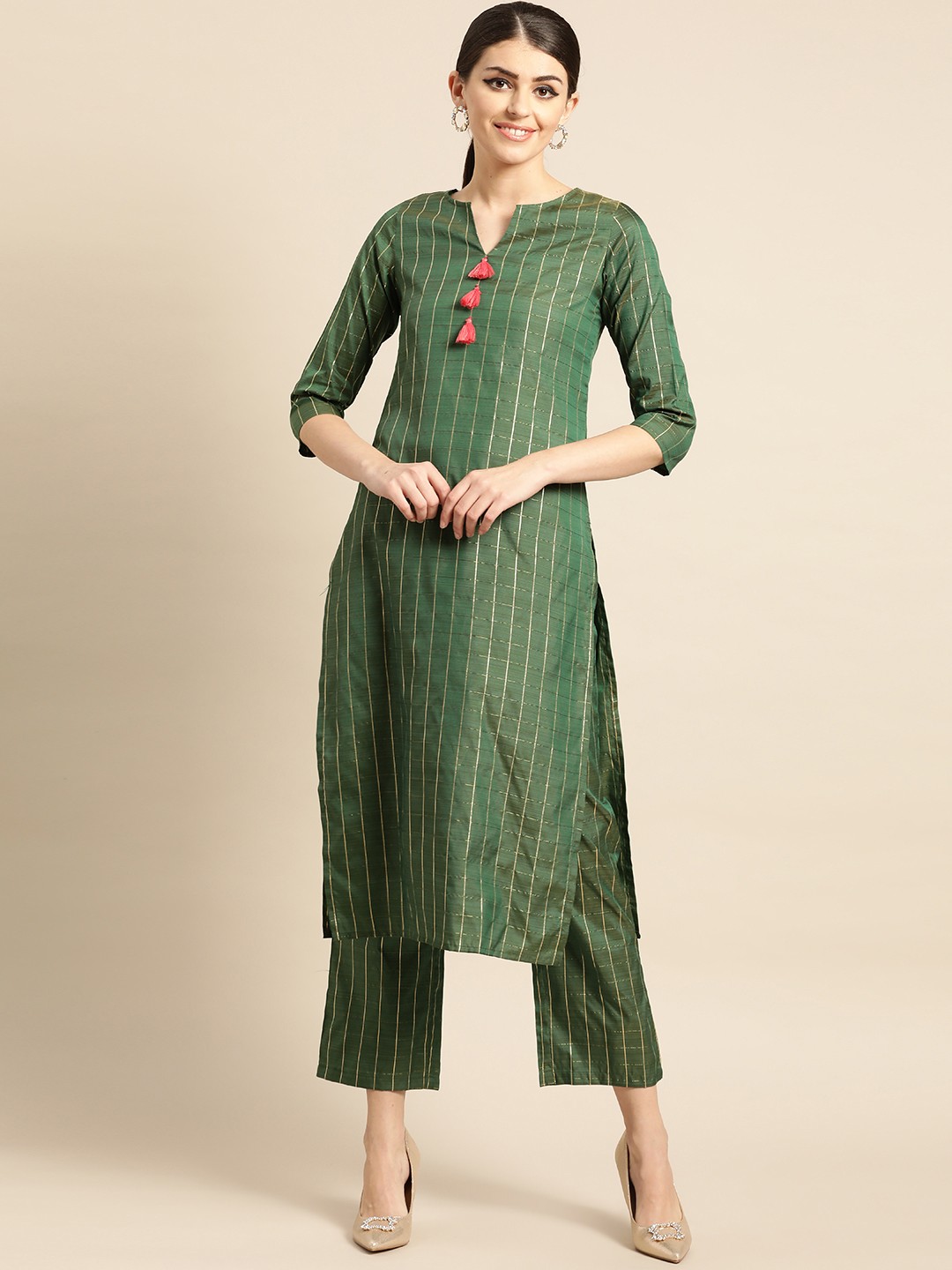 

IMARA Women Green & Golden Checked Kurta with Palazzos