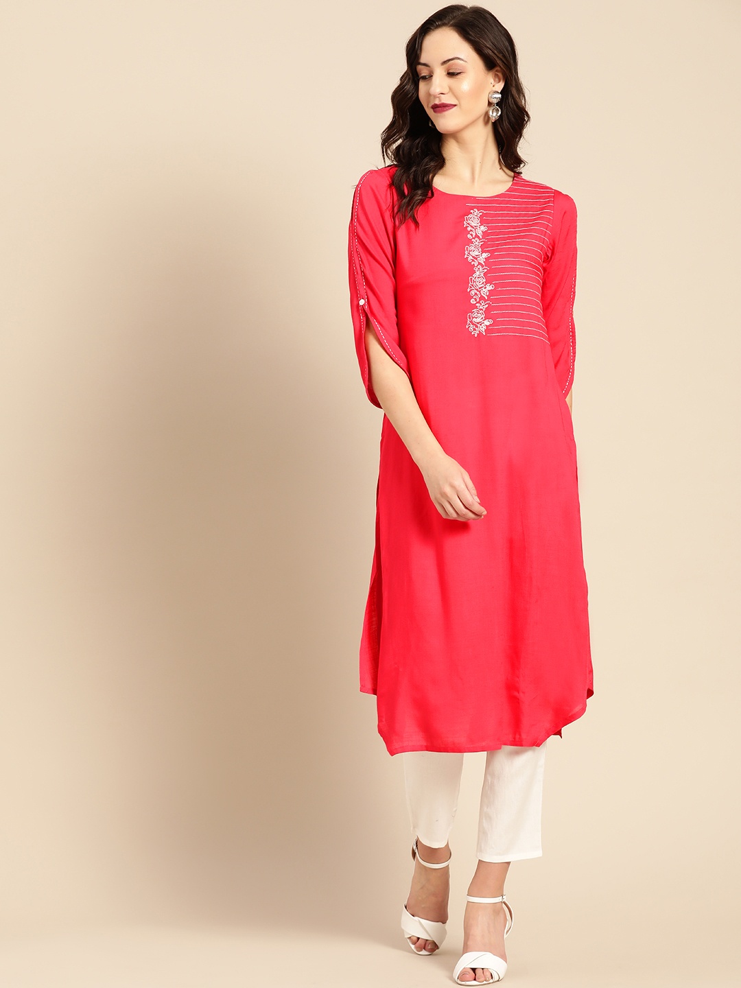 

IMARA Women Coral Pink & Off-White Yoke Design Kurta with Trousers