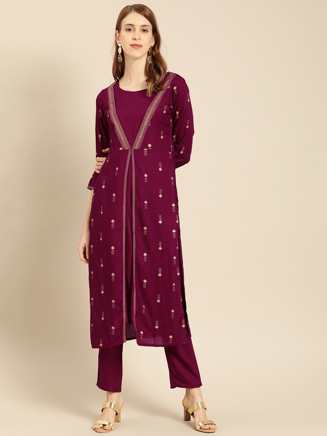 

IMARA Women Burgundy & Golden Printed Kurta with Trousers