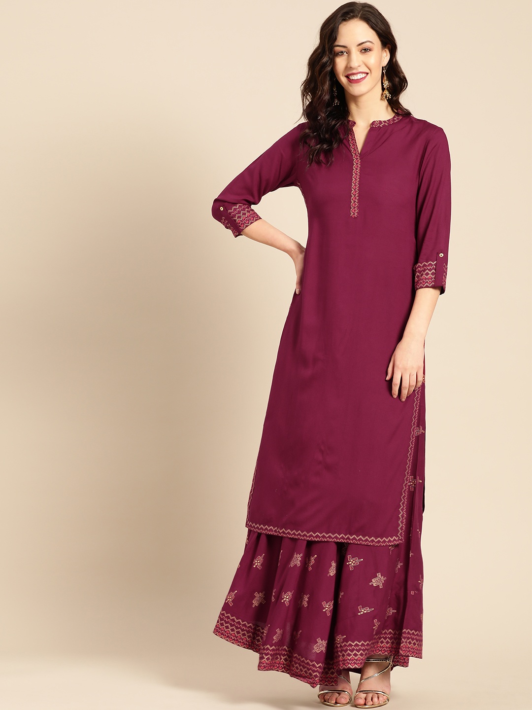 

IMARA Women Wine-Coloured Solid Kurta with Skirt, Purple