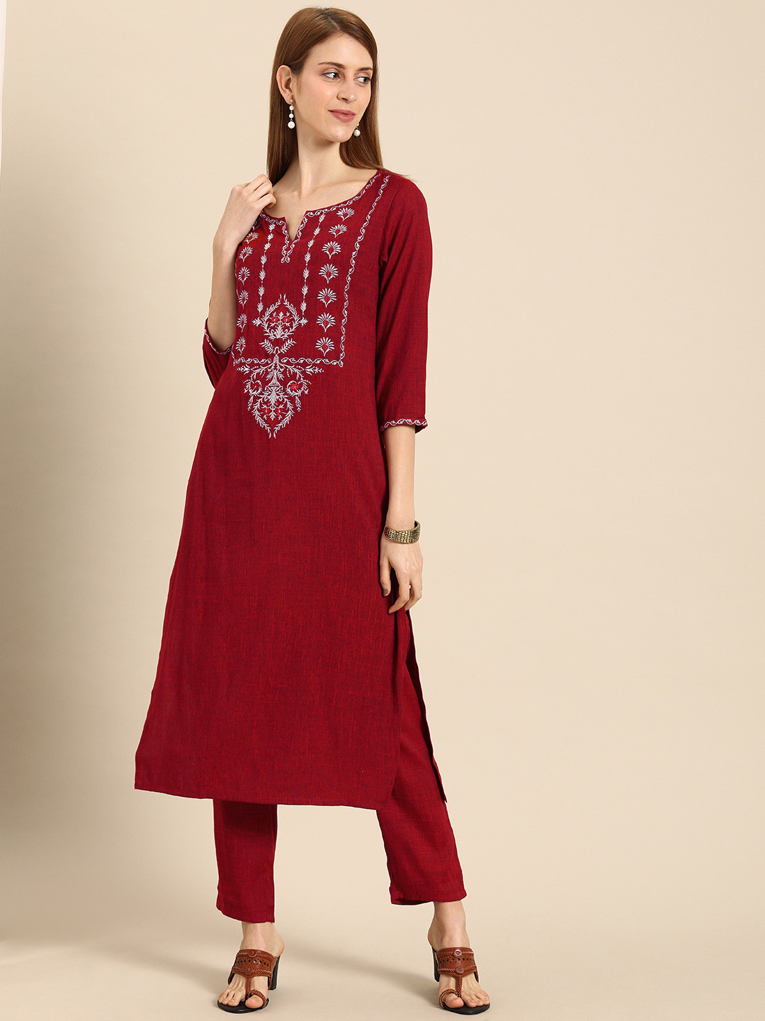 

IMARA Women Maroon Yoke Design Kurta with Pyjamas