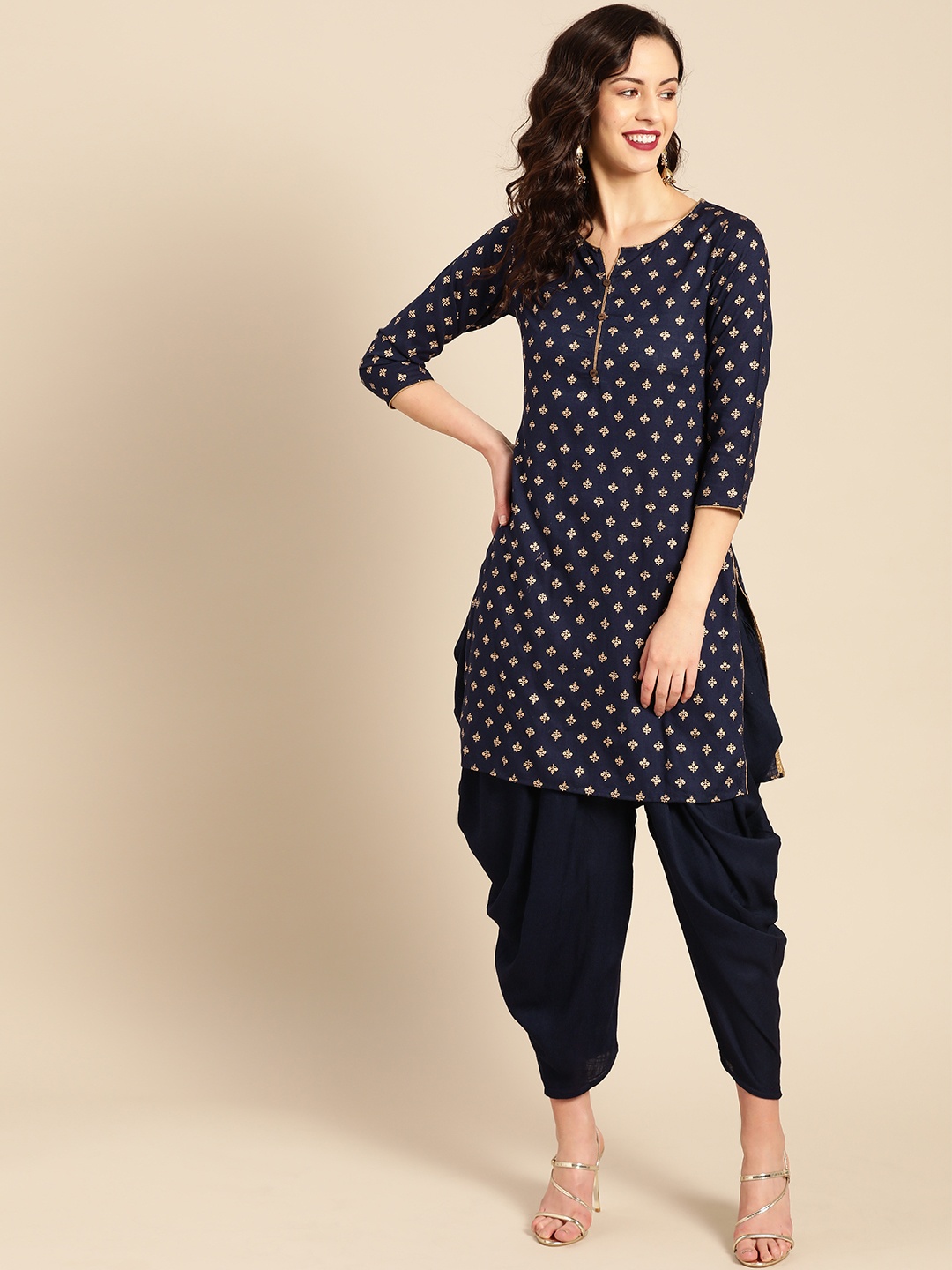 

IMARA Women Navy Blue & Golden Printed Kurta with Dhoti Pants