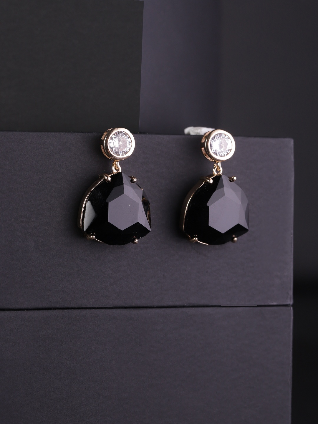 

Carlton London Black Gold-Plated CZ Stone-Studded Contemporary Drop Earrings