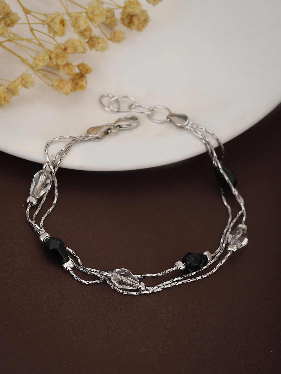 

Carlton London Black & Silver-Toned Rhodium-Plated Beaded Bracelet