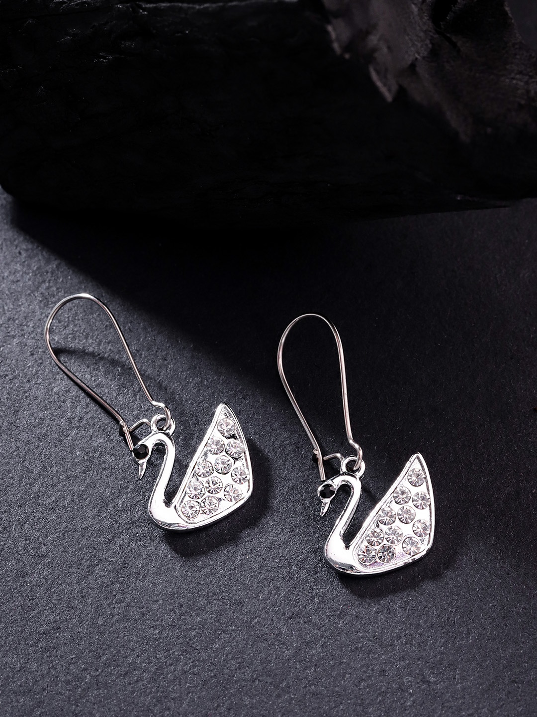 

Carlton London Silver-Toned Rhodium-Plated CZ Studded Swan Shaped Drop Earrings