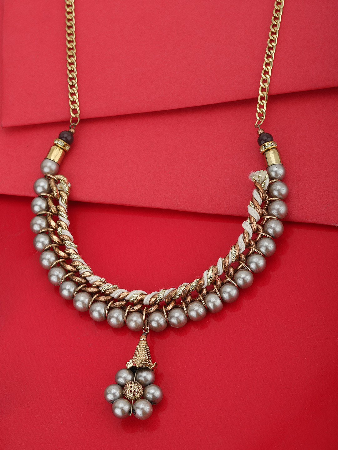 

Carlton London Grey & Off-White Antique Gold-Plated Beaded Necklace
