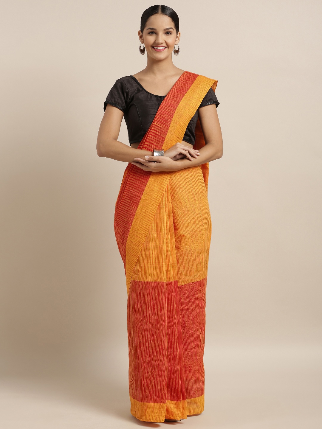 

Mitera Red & Mustard Yellow Linen Blend Woven Design Bhagalpuri Saree