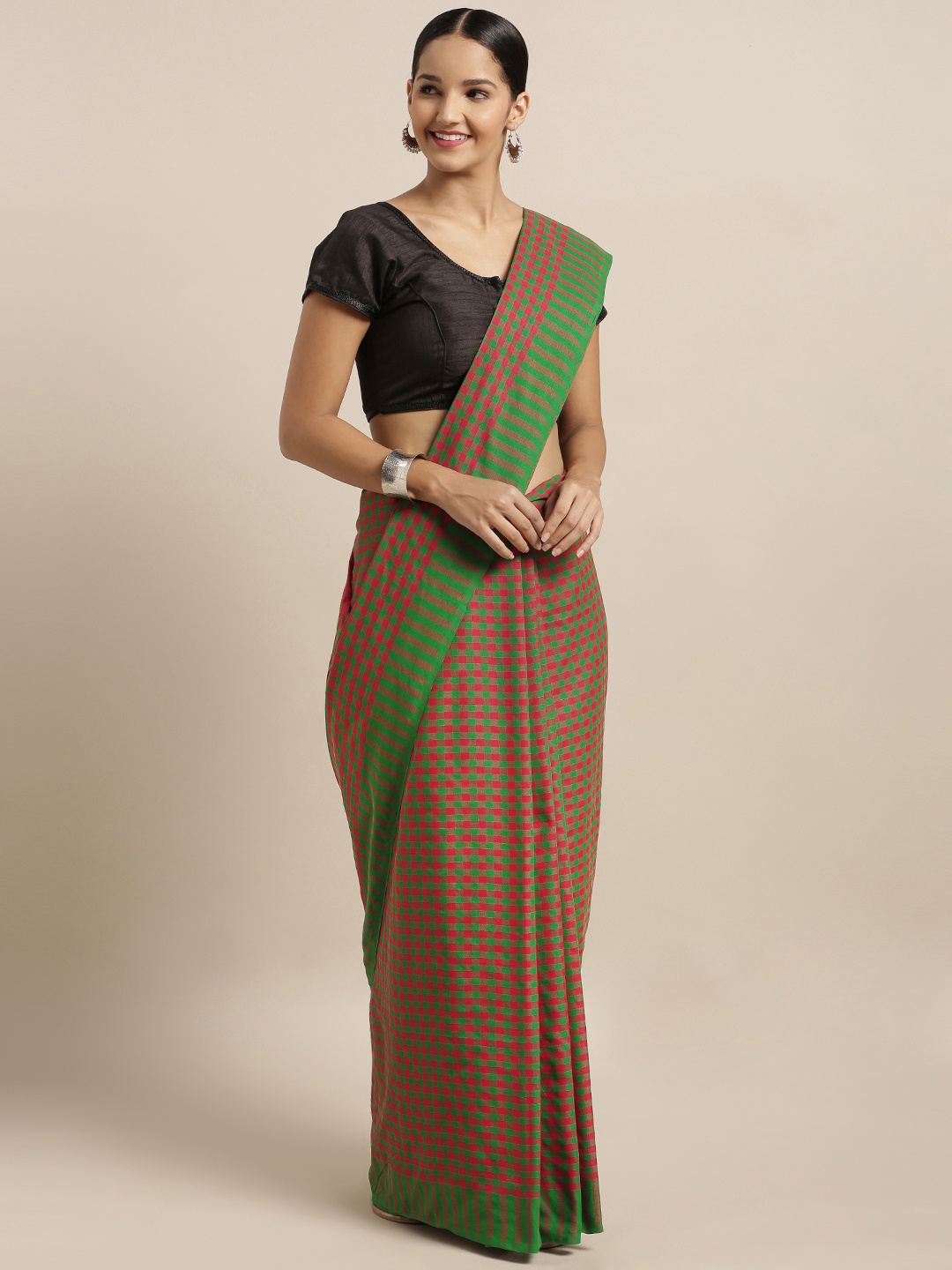 

Mitera Green & Red Linen Blend Checked Bhagalpuri Saree