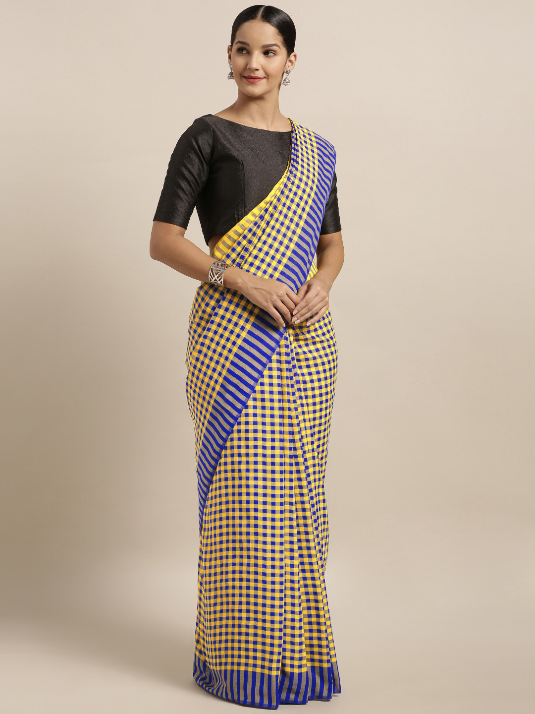 

Mitera Yellow & Blue Linen Blend Checked Bhagalpuri Saree