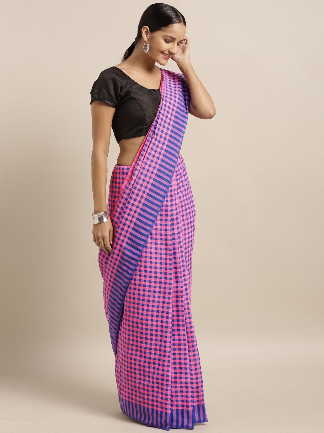 

Mitera Pink & Navy Blue Linen Blend Woven Checked Bhagalpuri Saree