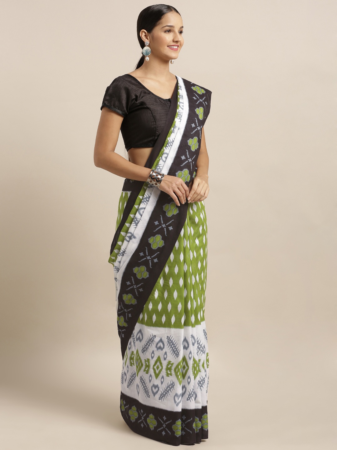 

Mitera Olive Green Pure Cotton Printed Ikat Saree