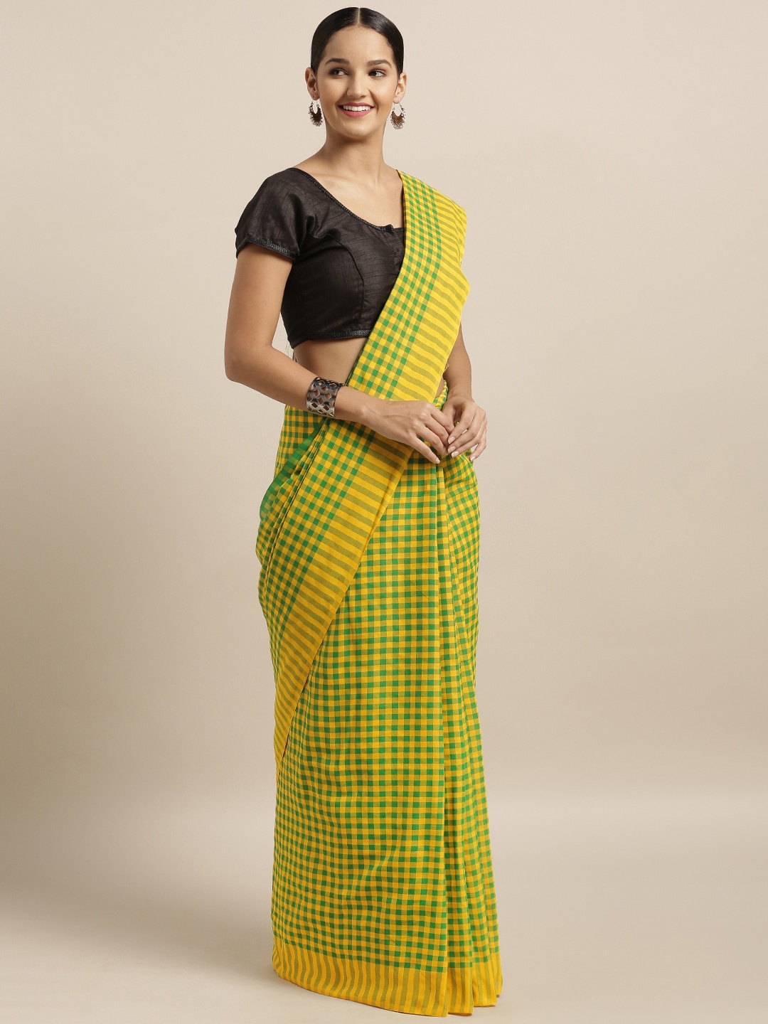

Mitera Green & Yellow Linen Blend Checked Bhagalpuri Saree