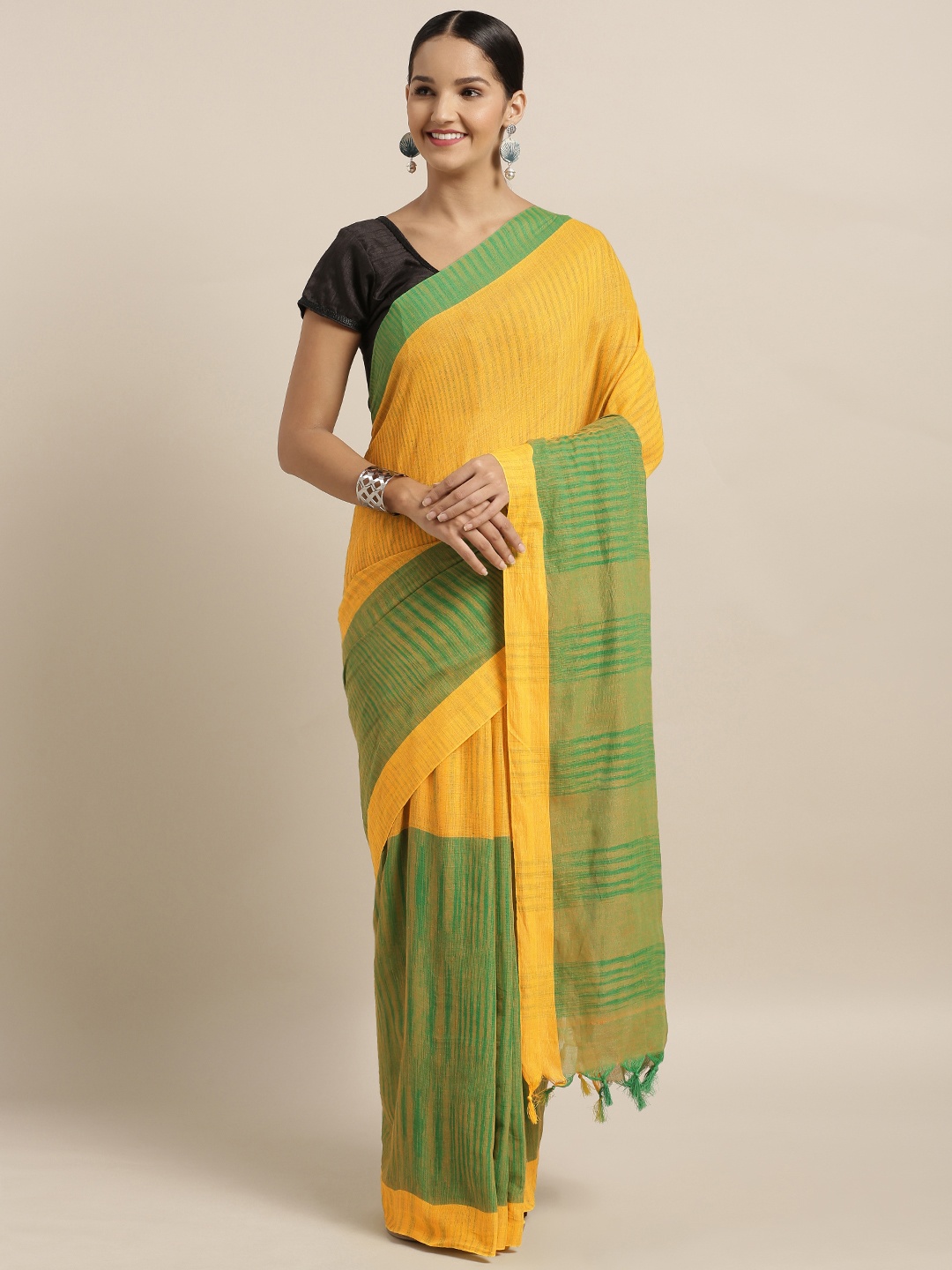 

Mitera Yellow & Green Linen Blend Solid Bhagalpuri Saree