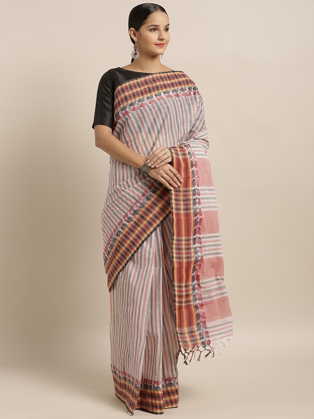 

Mitera White & Rust Red Pure Cotton Striped Taant Saree