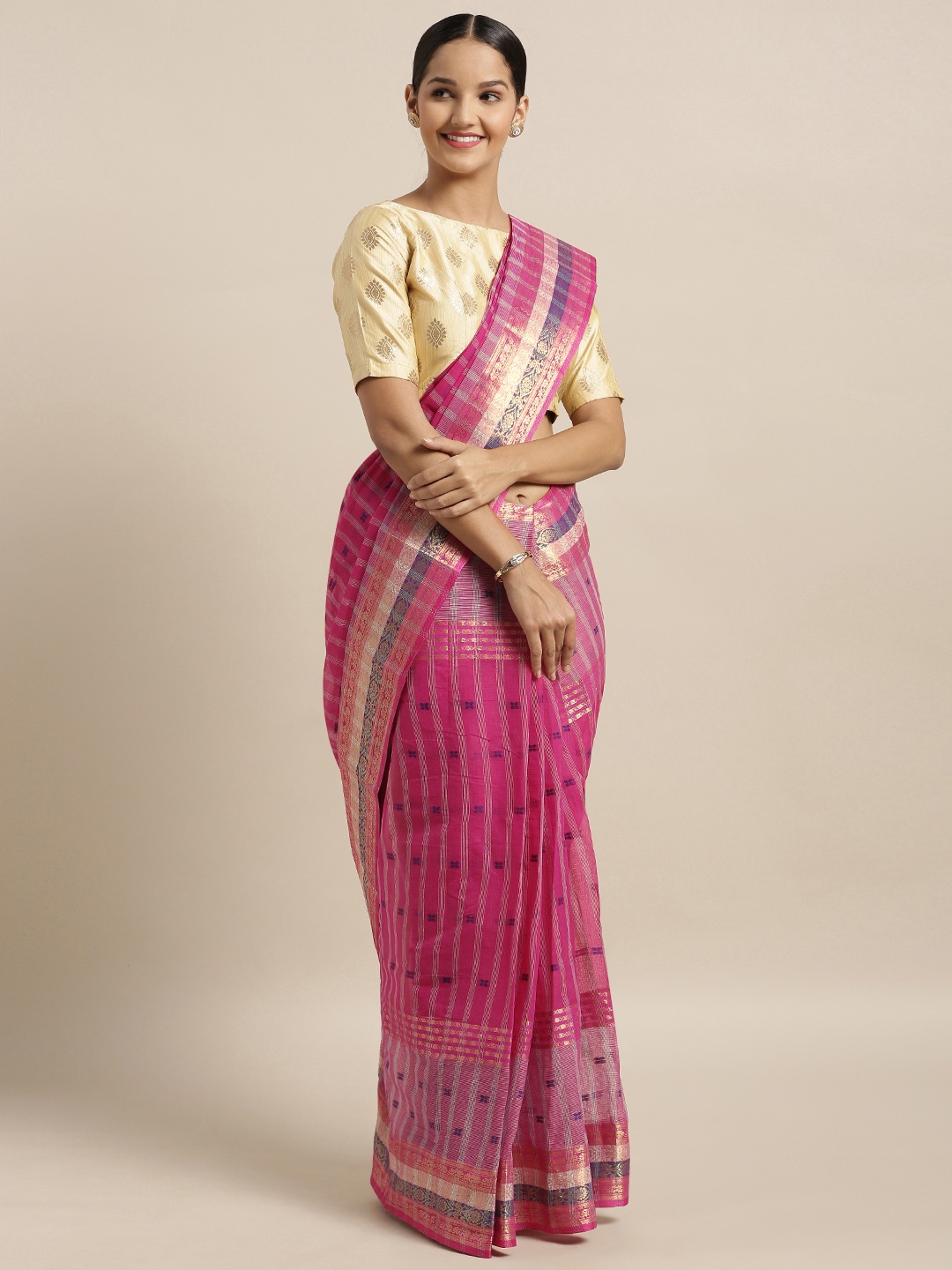 

Mitera Pink & Navy Blue Pure Cotton Woven Design Taant Saree