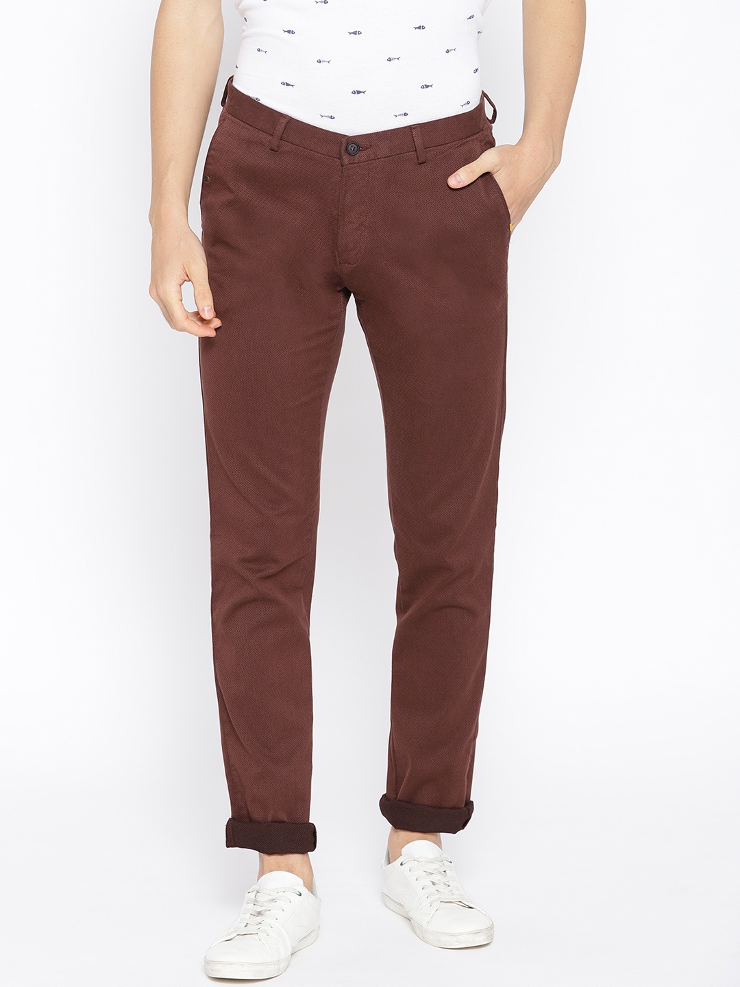 

Blackberrys Men Rust Red Roger Slim Fit Self Design Regular Trousers