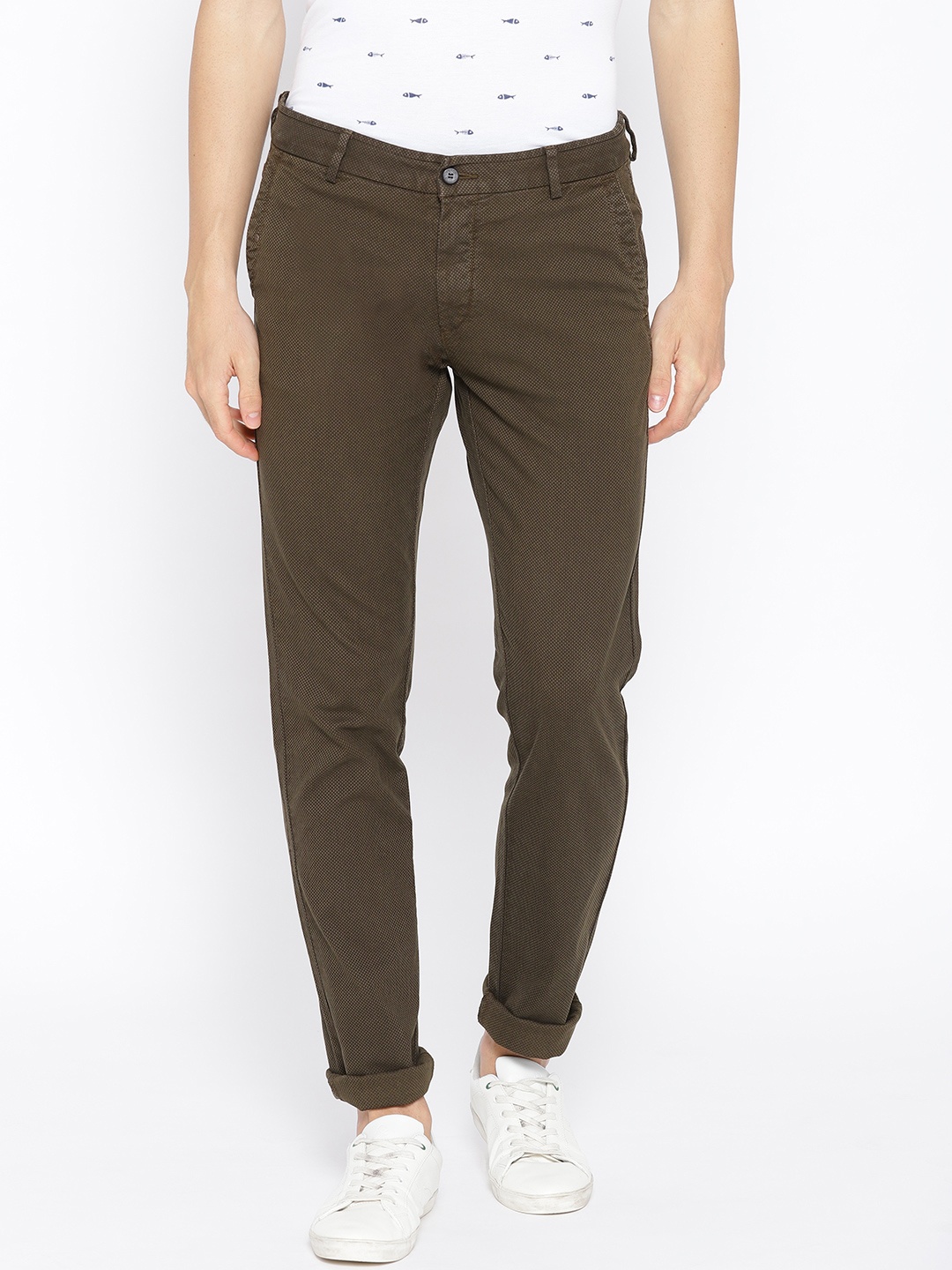 

Blackberrys Men Olive Green Roger Slim Fit Self Design Regular Trousers