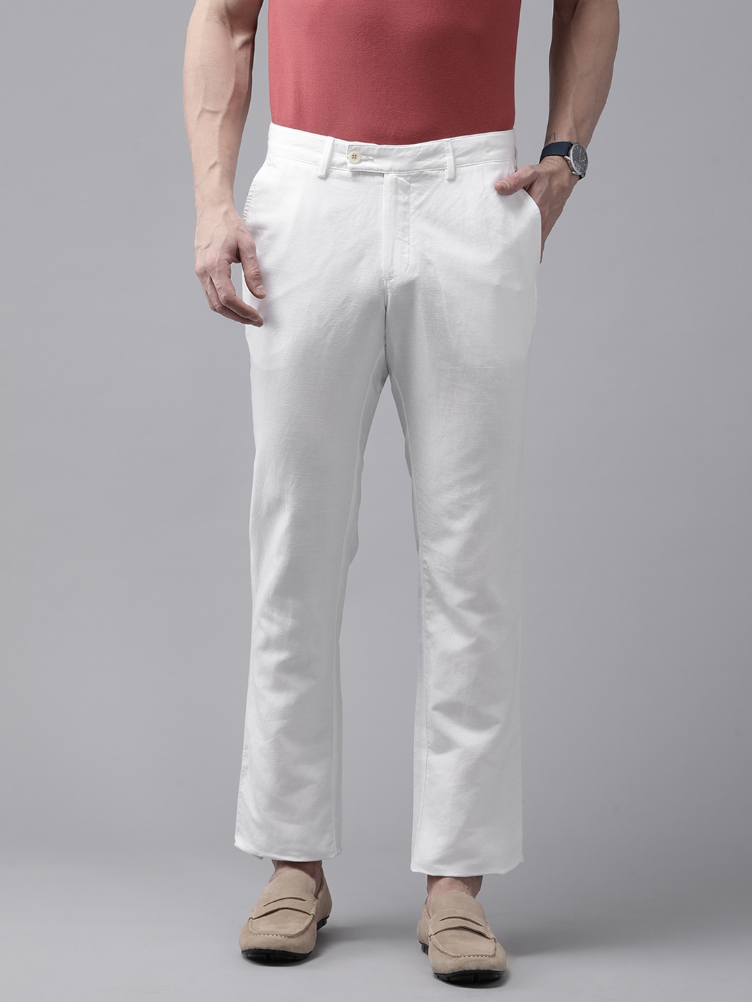 

Blackberrys Men Solid Cotton Linen Trousers, White
