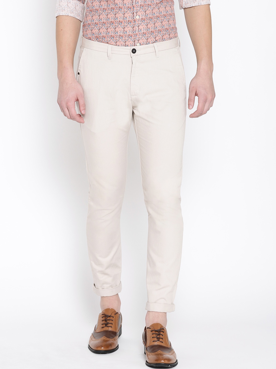 

Blackberrys Men Cream-Coloured Rafa Slim Fit Solid Regular Trousers