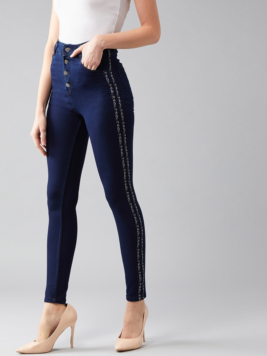 

DOLCE CRUDO Women Navy Blue Skinny Fit High-Rise Clean Look Stretchable Jeans