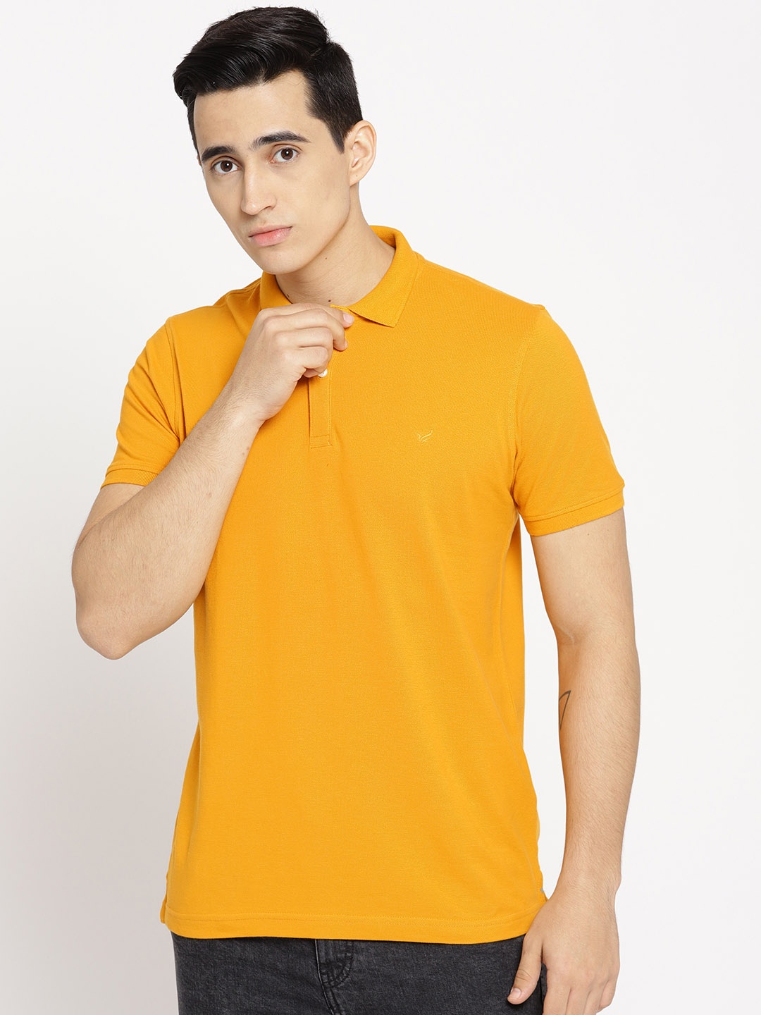 

Blackberrys Men Mustard Yellow Solid Polo Collar T-shirt
