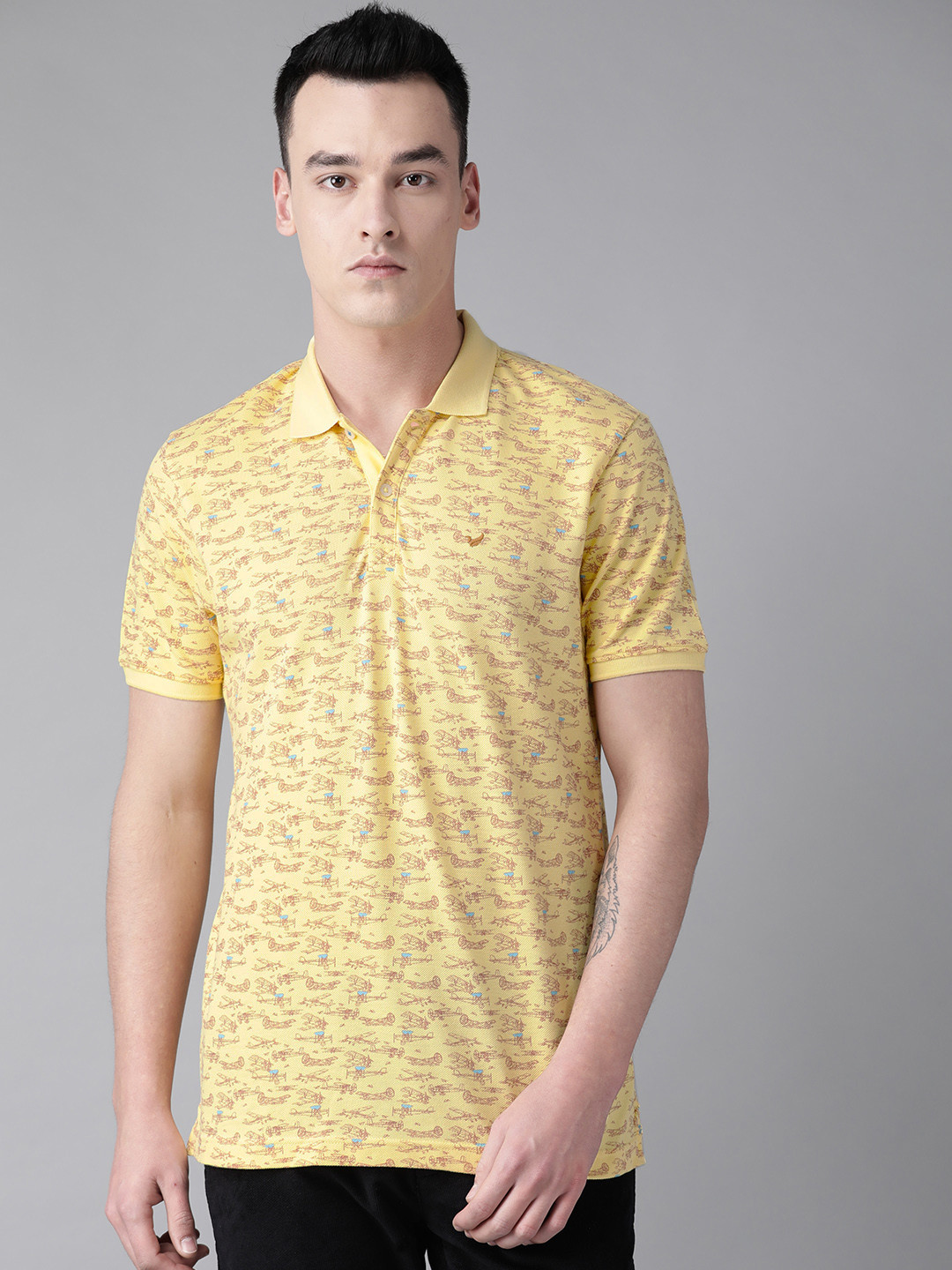 

Blackberrys Men Yellow & Maroon Printed Polo Collar T-shirt