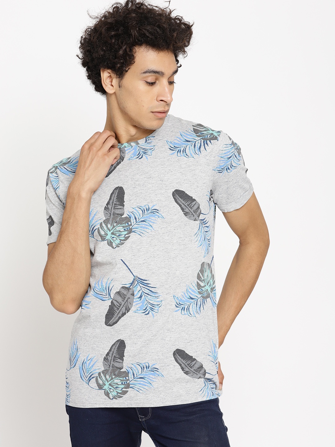 

Blackberrys Men Grey Melange Printed Round Neck T-shirt