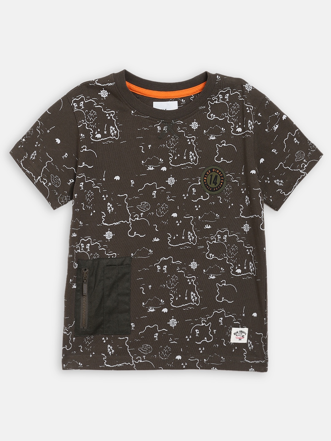 

Blue Giraffe Boys Olive Brown Printed Round Neck T-shirt
