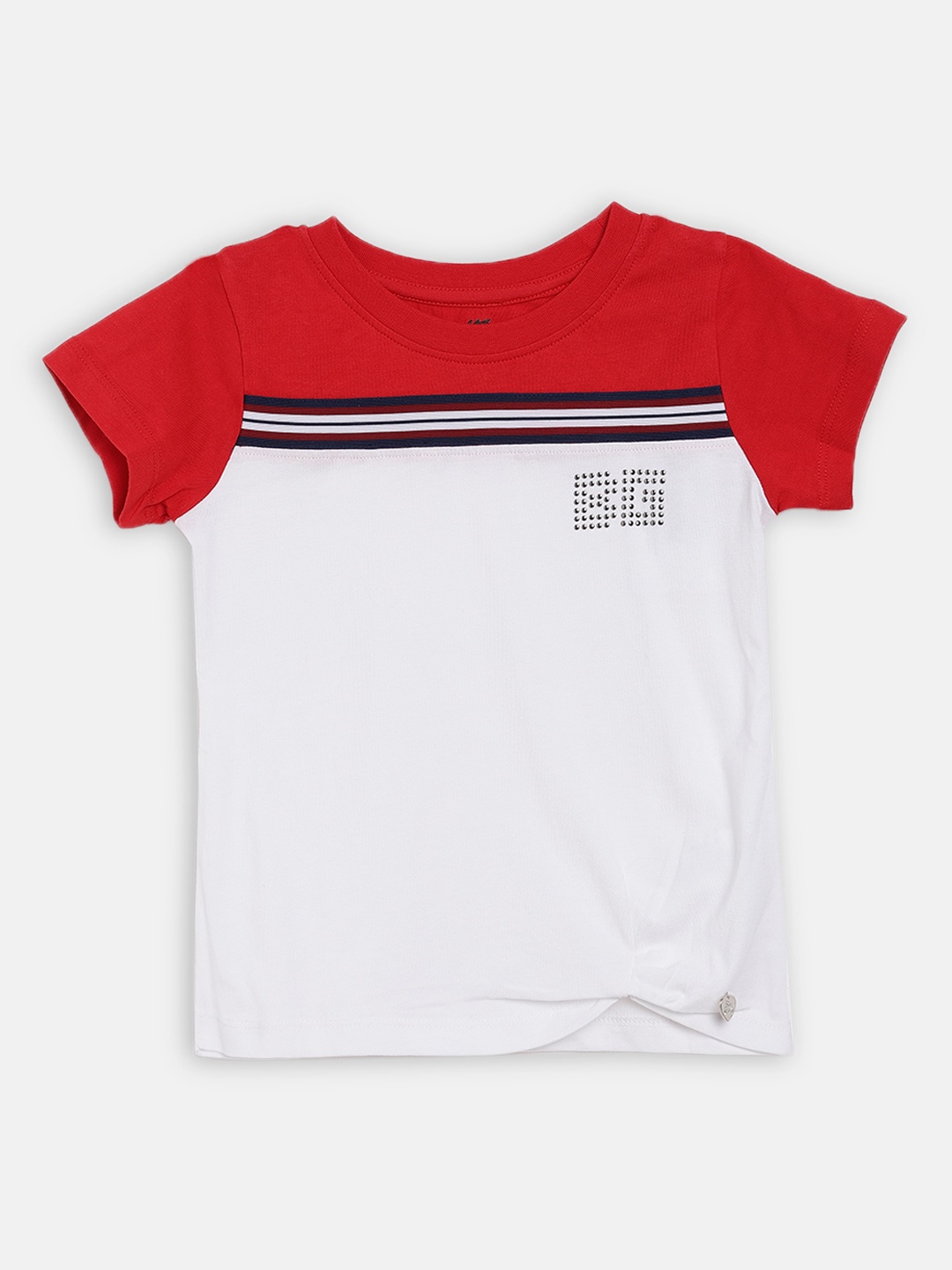 

Blue Giraffe Girls Red & White Colourblocked Round Neck T-shirt