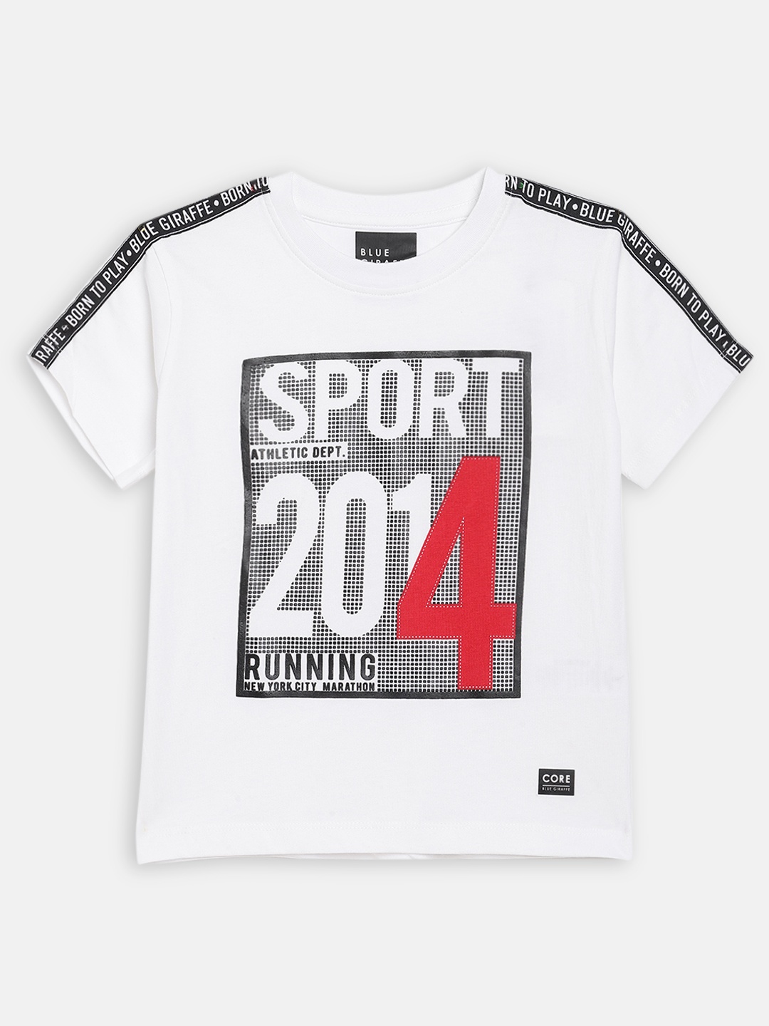 

Blue Giraffe Boys White Printed Round Neck T-shirt