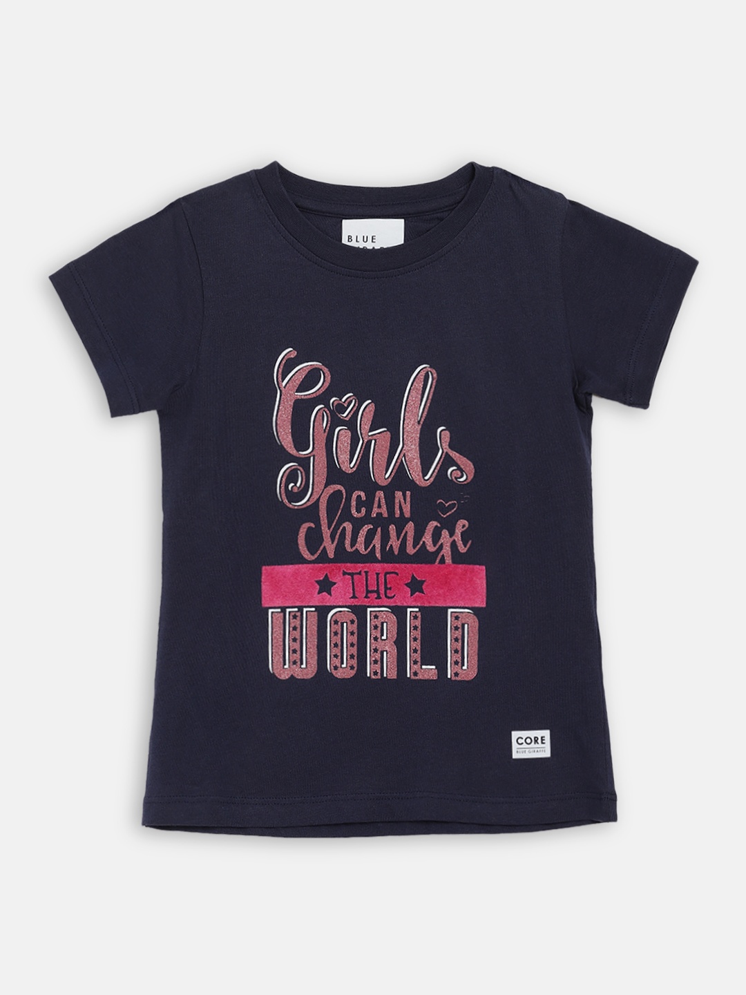 Blue Giraffe Girls Navy Blue Printed Round Neck T-shirt