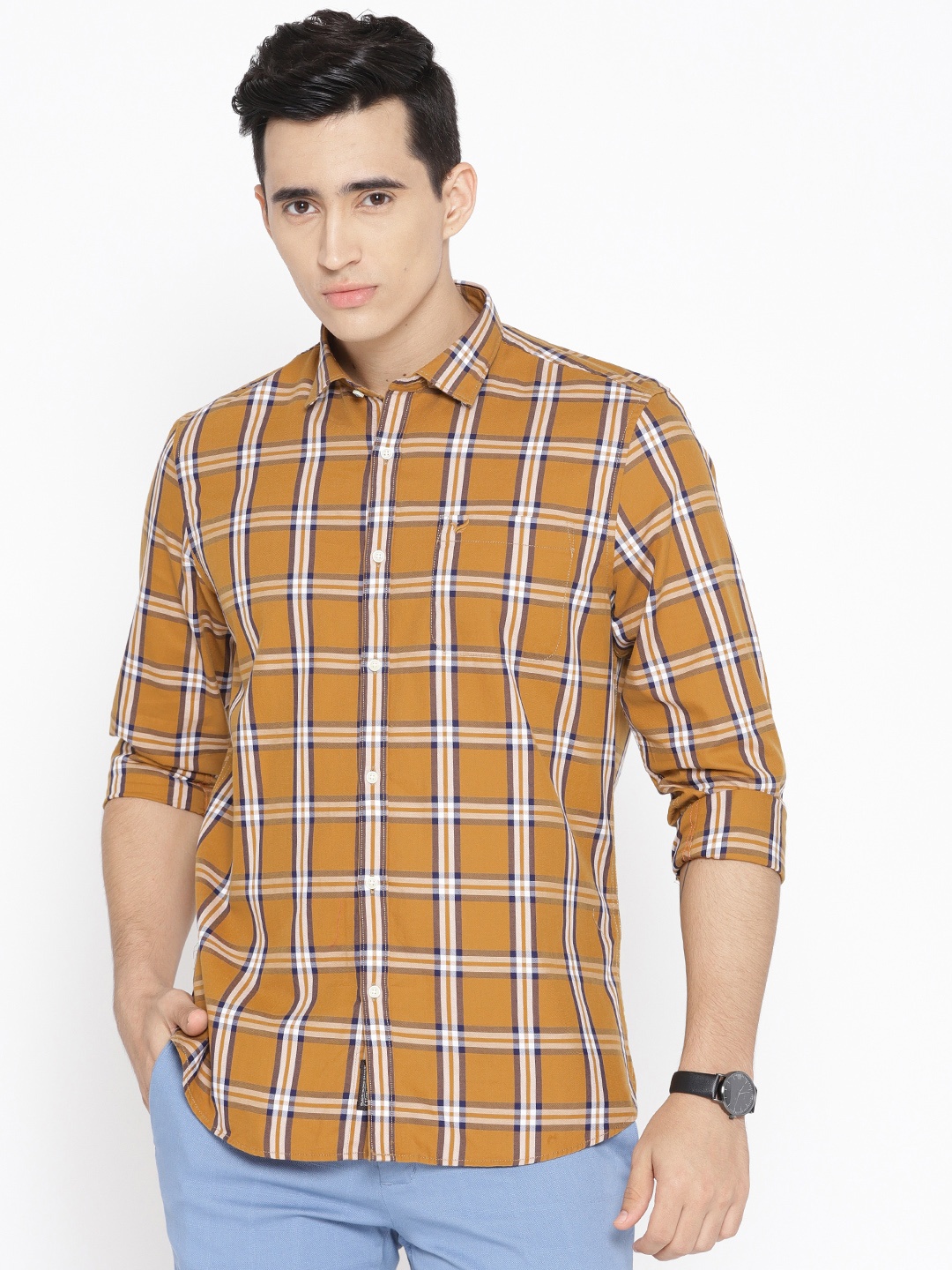 

Blackberrys Men Mustard Brown & Navy Blue Slim Fit Checked Casual Shirt