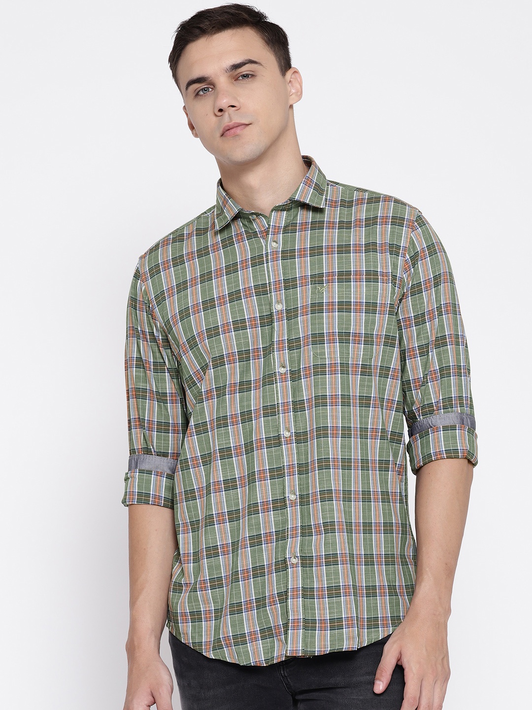

Blackberrys Men Olive Green & Orange Slim Fit Checked Casual Shirt