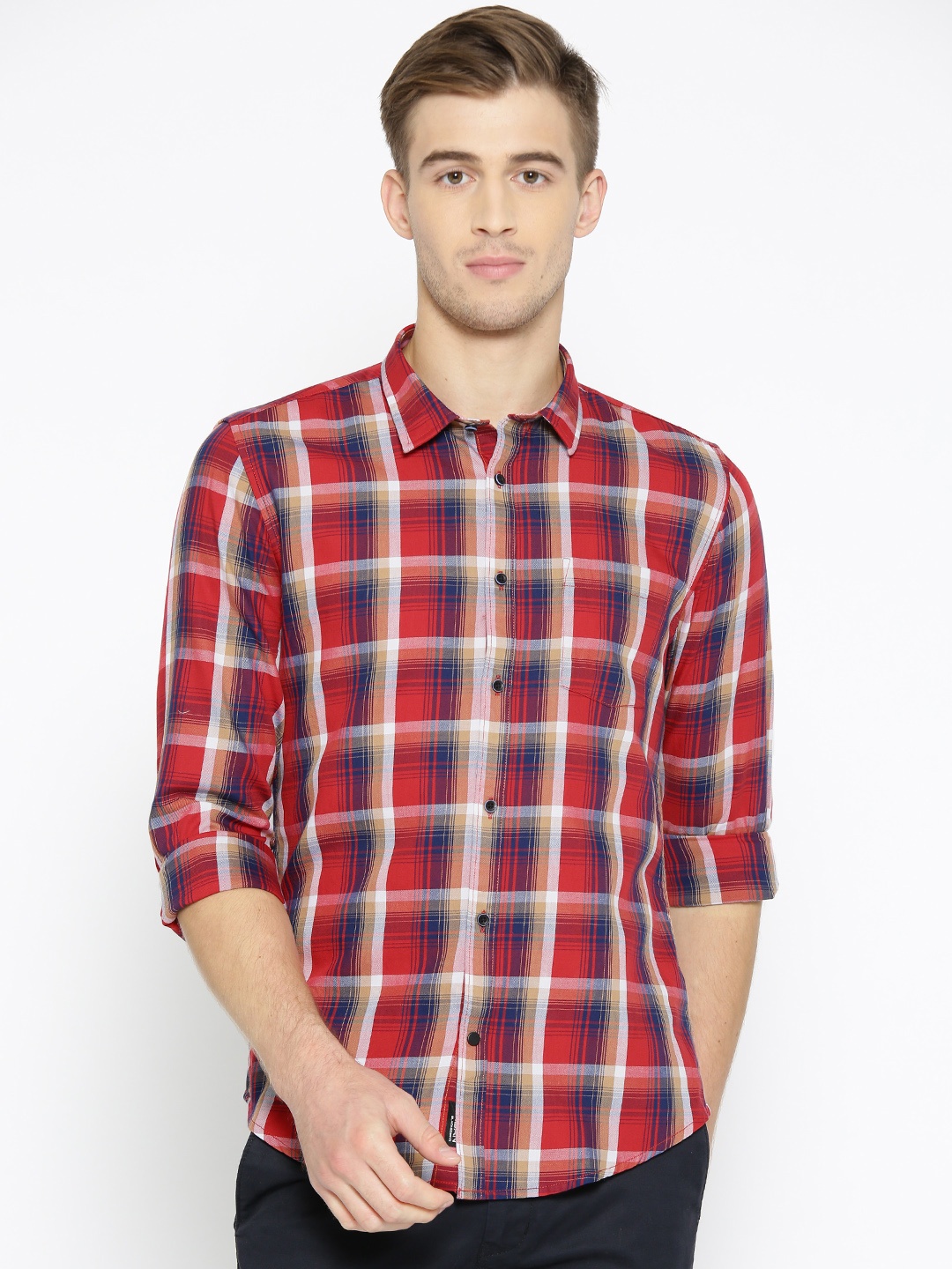

Blackberrys Men Red & Navy Blue Slim Fit Checked Casual Shirt