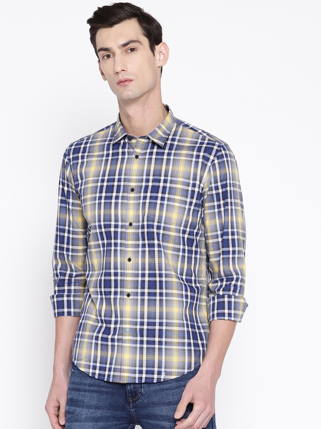 

Blackberrys Men Blue & Yellow Slim Fit Checked Casual Shirt
