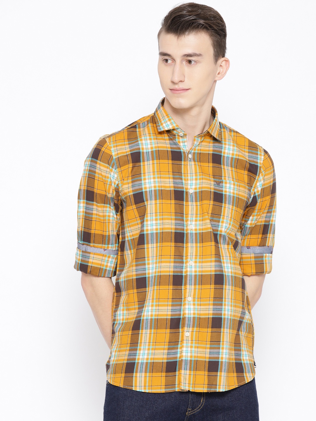 

Blackberrys Men Yellow & Brown Slim Fit Checked Casual Shirt