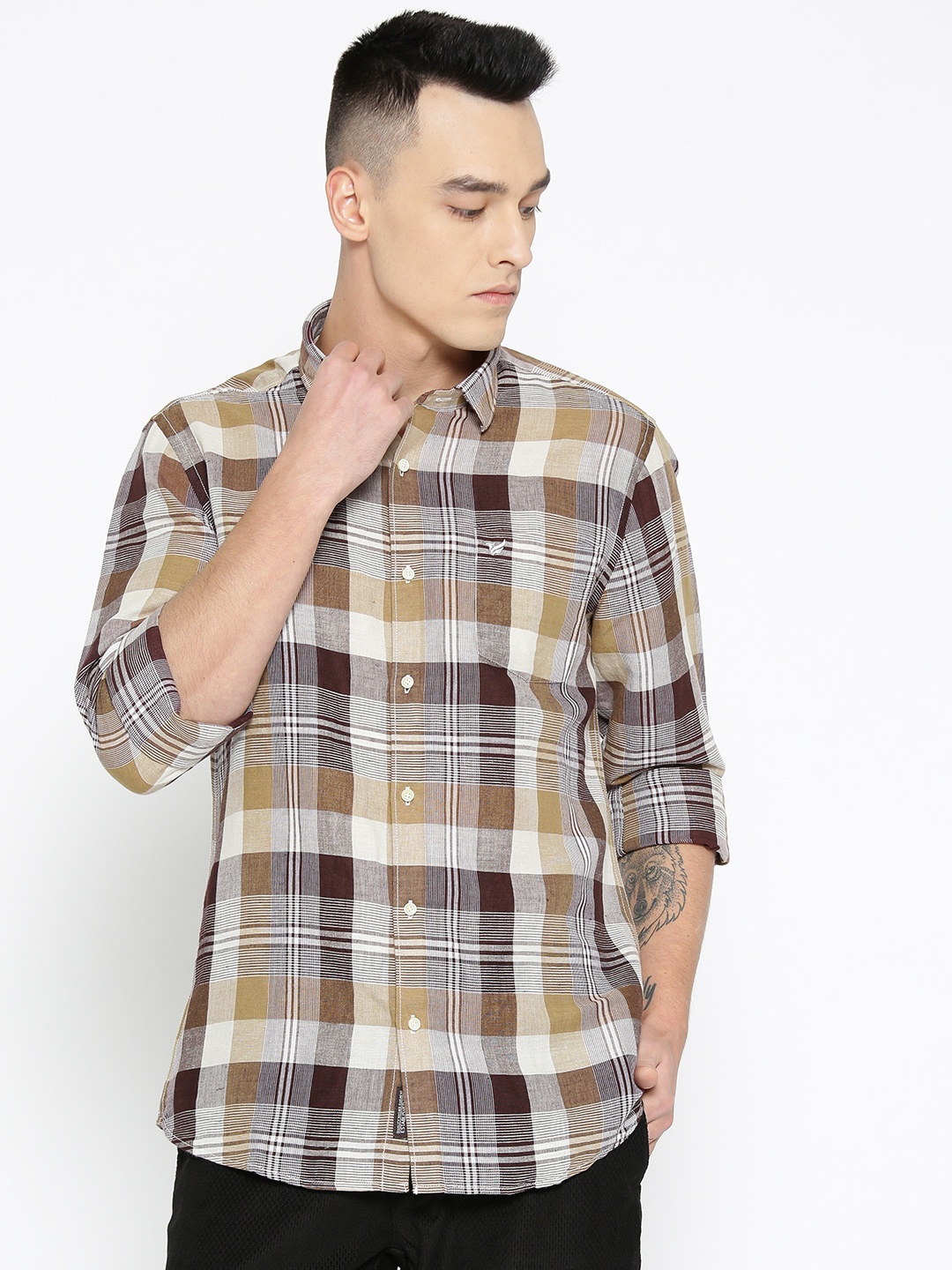 

Blackberrys Men Brown & Grey Slim Fit Checked Casual Shirt