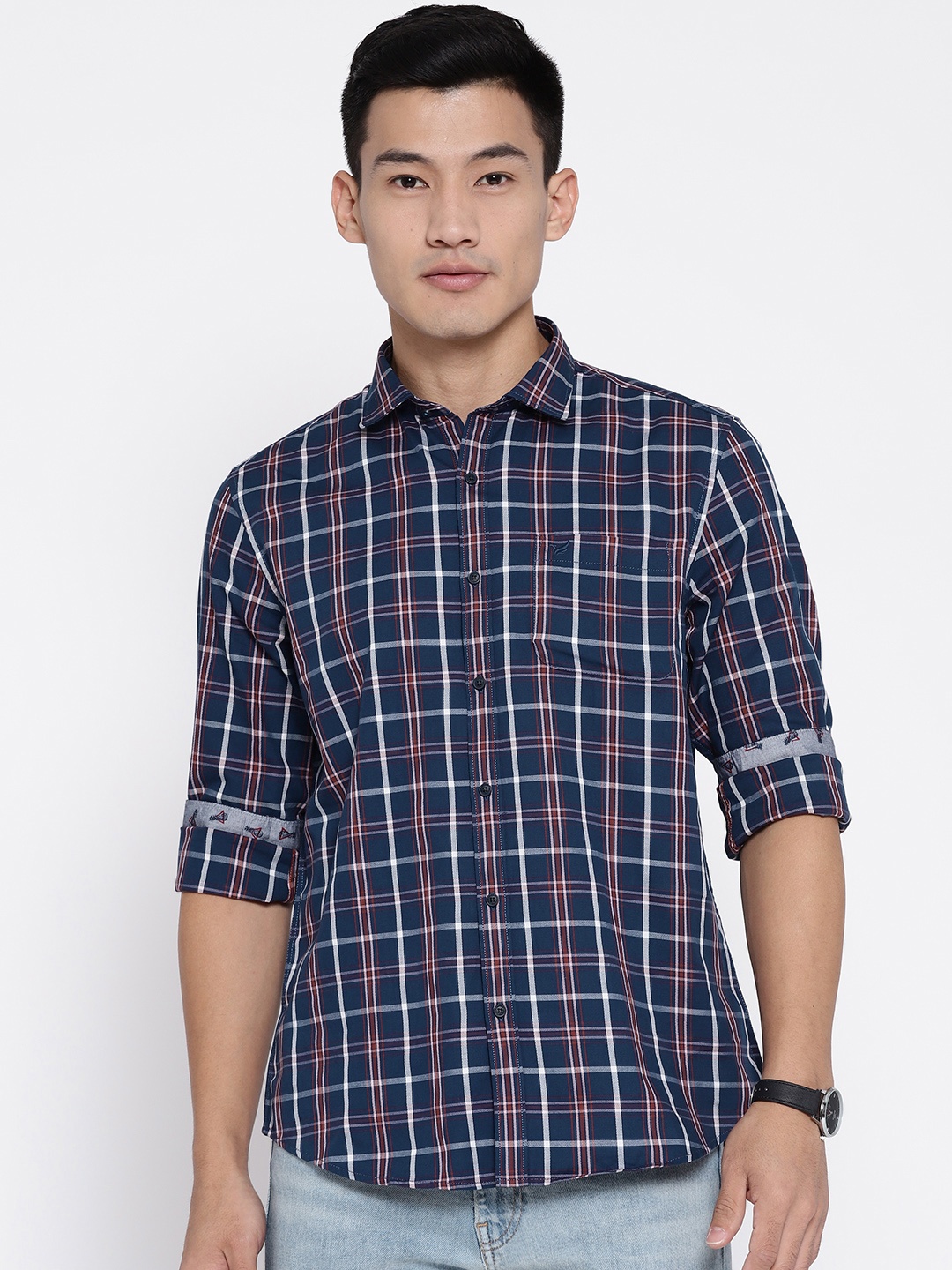 

Blackberrys Men Navy Blue & Off-White Slim Fit Checked Casual Shirt