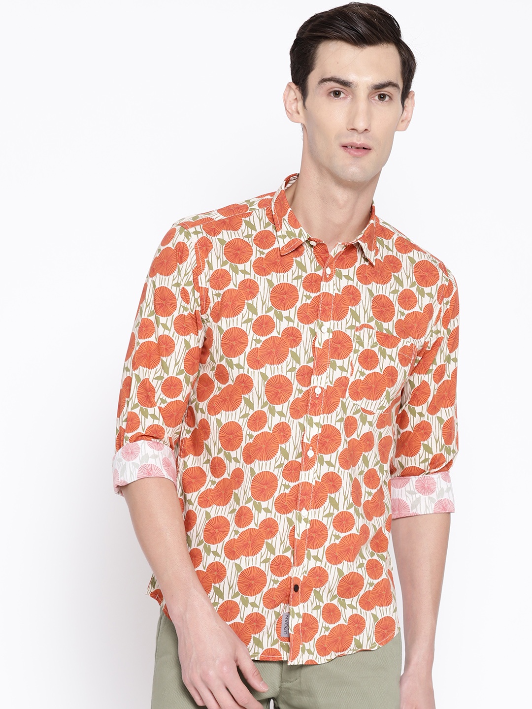 

Blackberrys Men Orange & Cream-Coloured Slim Fit Printed Casual Shirt