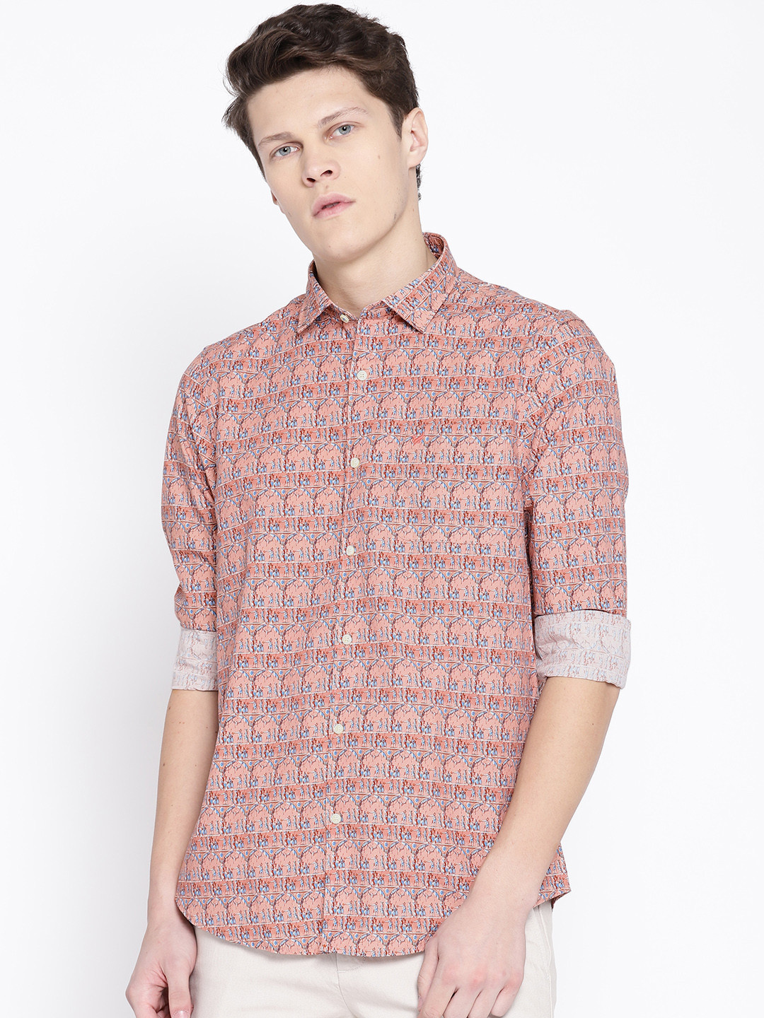 

Blackberrys Men Peach-Coloured & Blue Slim Fit Printed Casual Shirt