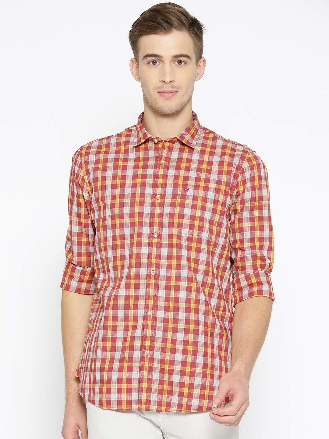 

Blackberrys Men Red & Mustard Yellow Slim Fit Checked Casual Shirt