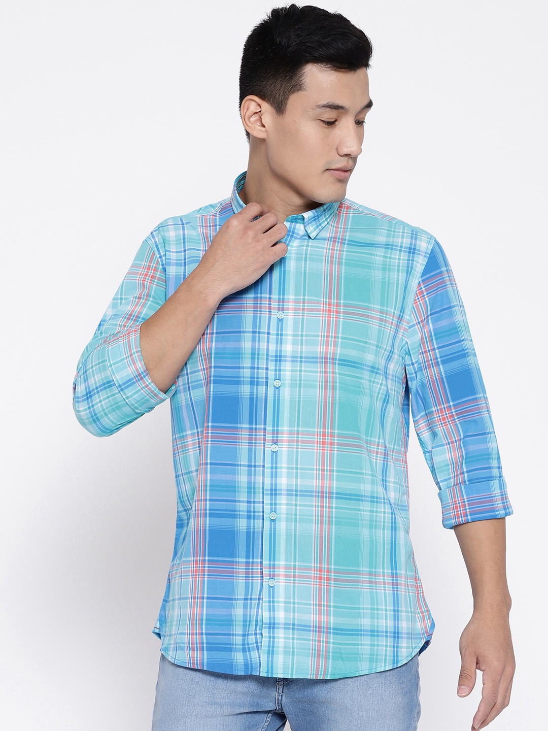 

Blackberrys Men Blue & Peach-Coloured Slim Fit Checked Casual Shirt