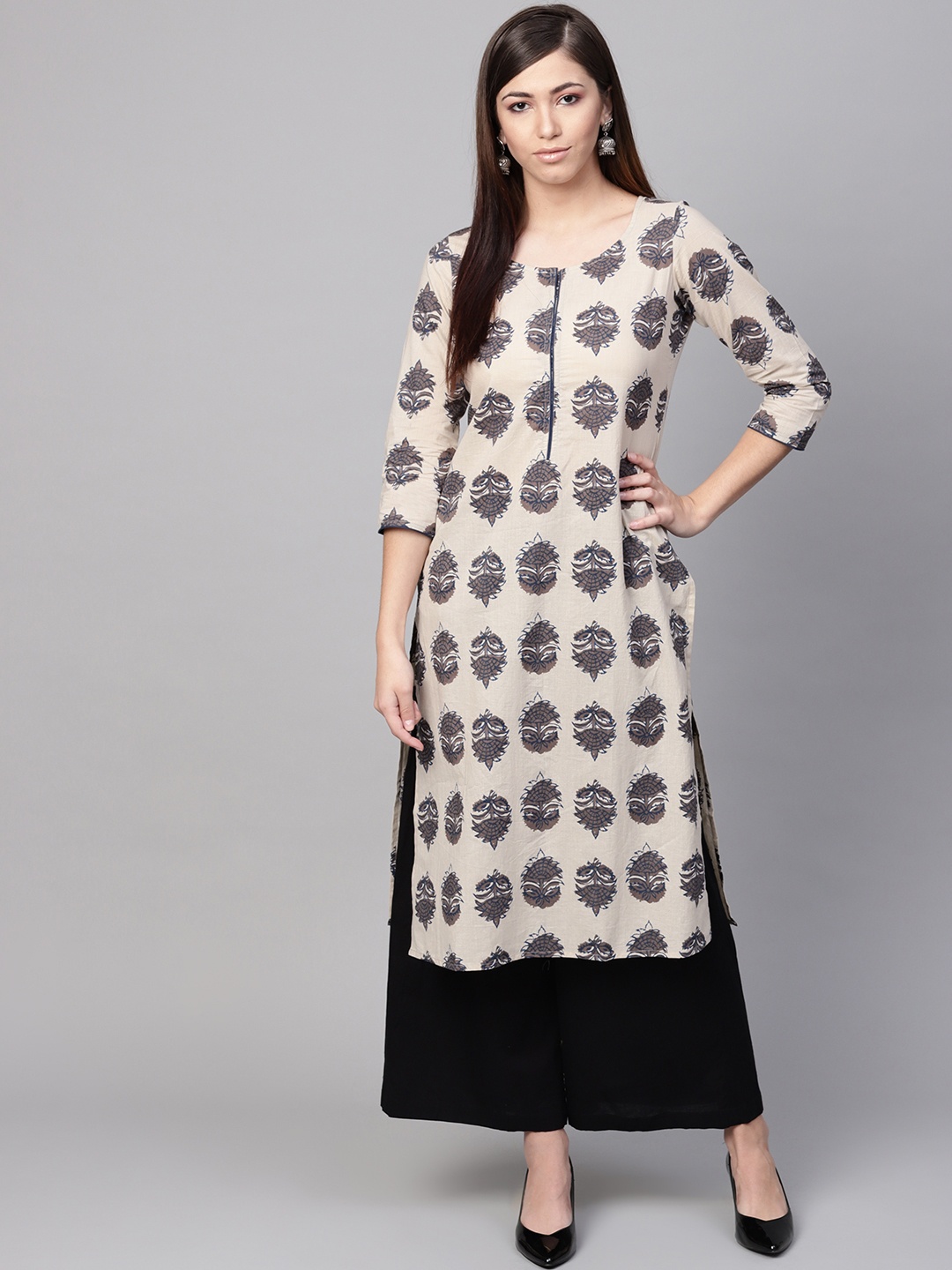 

anayna Women Off-White & Grey Printed Straight Kurta