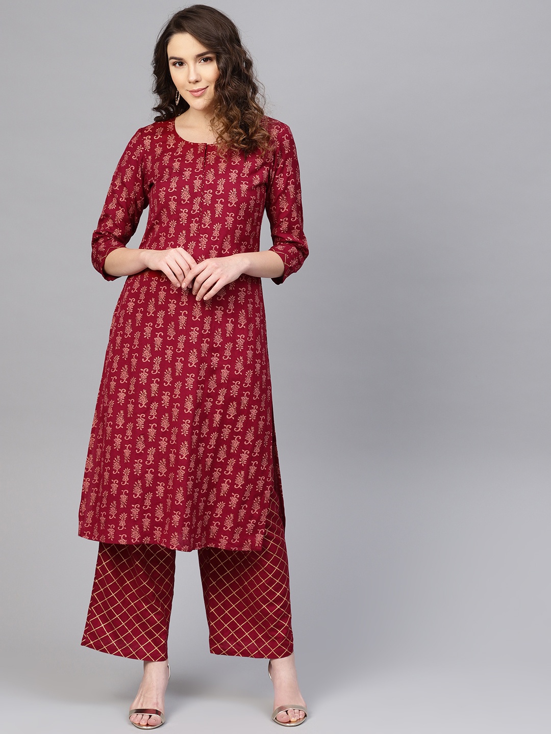 

anayna Women Maroon & Golden Khari Print Kurta with Palazzos