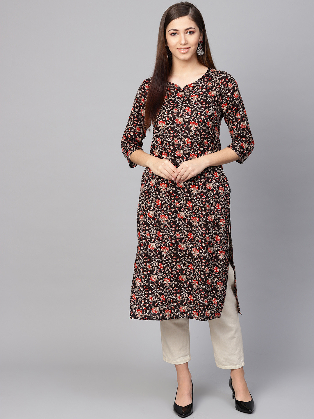 

anayna Women Black & Red Floral Print Straight Kurta