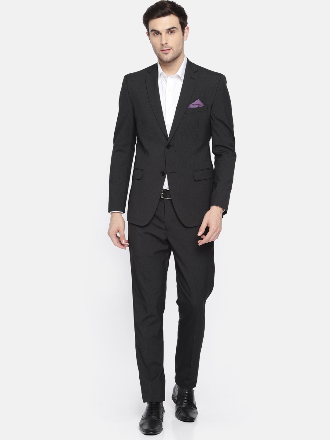 

SUITLTD Men Black & Grey Striped Slim Fit Single-Breasted Formal Suit