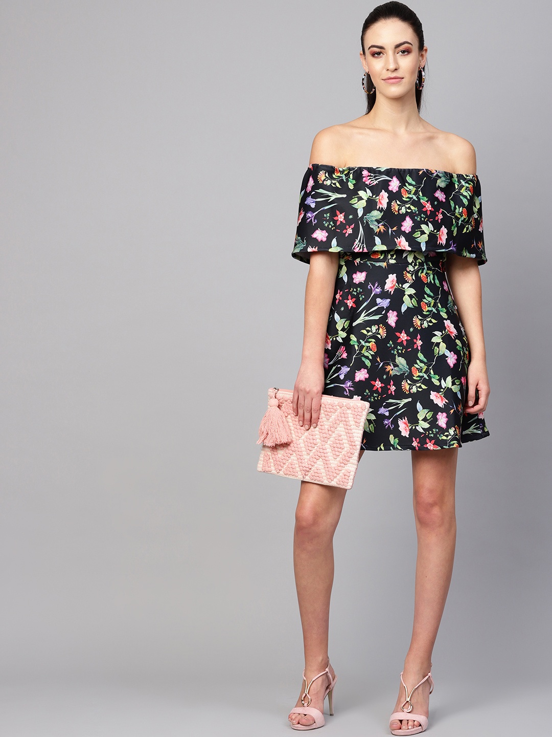 

Vemante Women Black & Green Off Shoulder Floral Printed Fit and Flare Dress