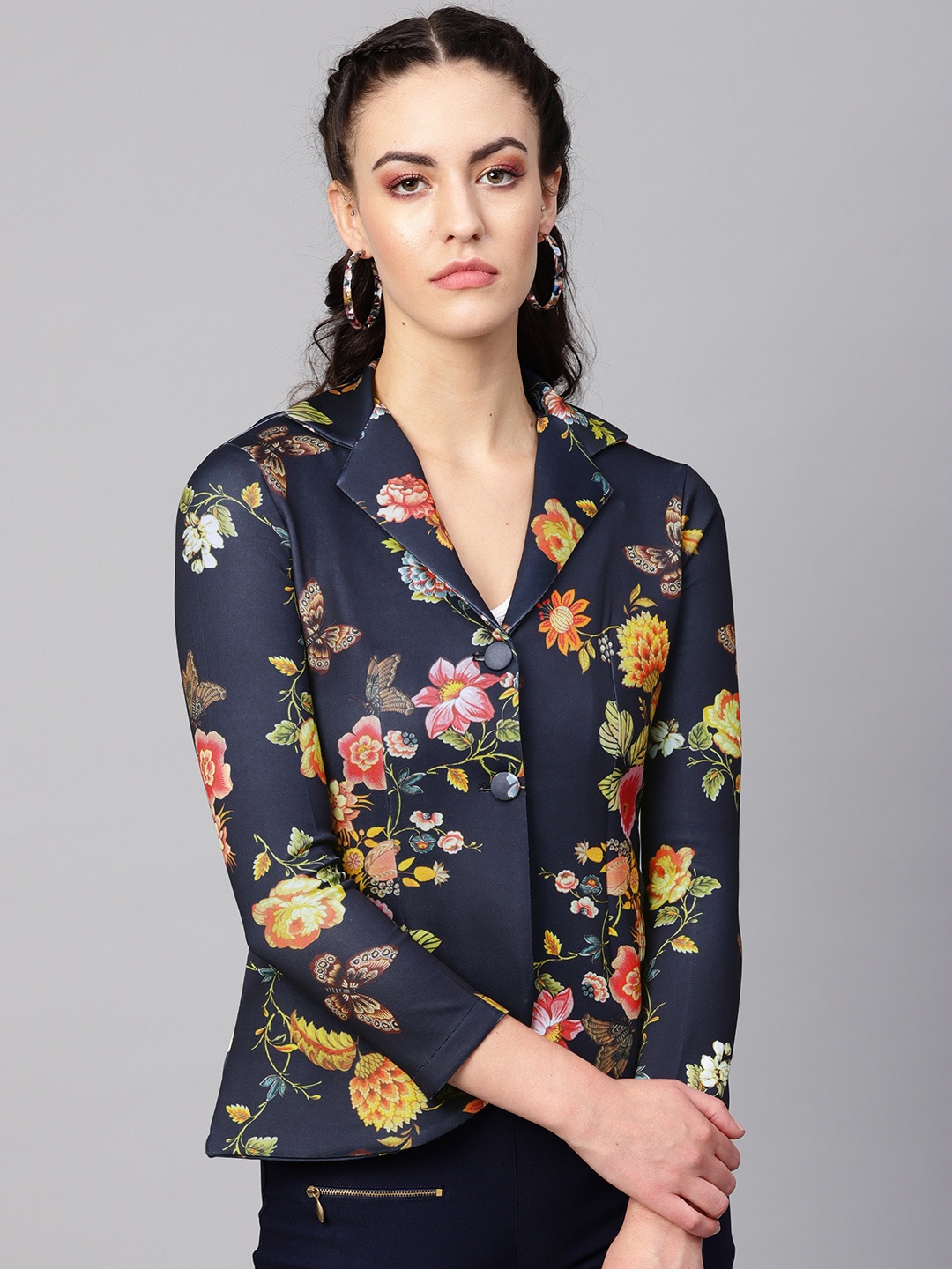

Vemante Women Navy Blue & Yellow Single-Breasted Printed Casual Blazer
