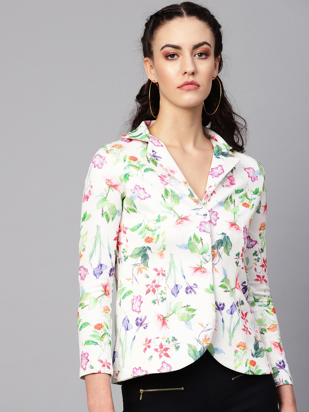 

Vemante Women White & Green Single Breasted Printed Casual Blazer, Off white